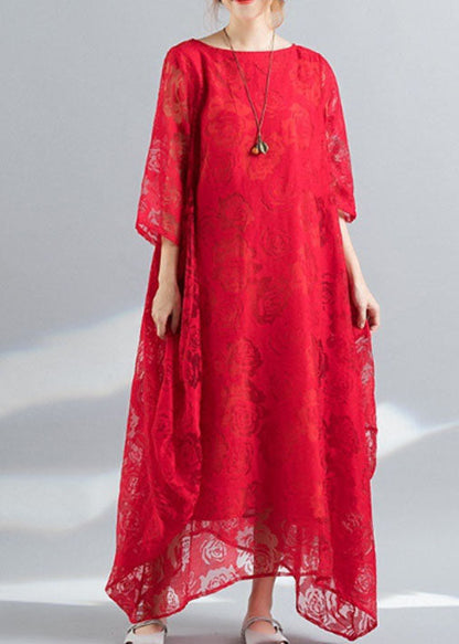 Red Lace Vacation Dress Hollow Out Asymmetrical Bracelet Sleeve