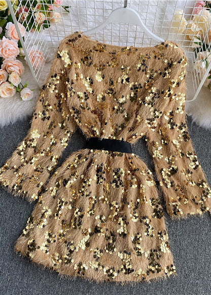 Vogue Yellow O-neck Tassel Sequins Bow Fuzzy Fur Fluffy Mid Dresses Spring