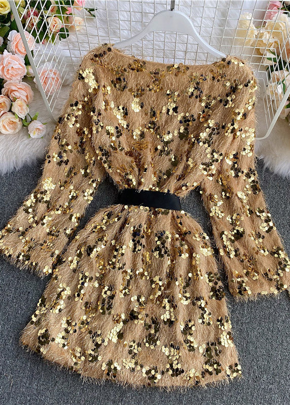 Vogue Yellow O-neck Tassel Sequins Bow Fuzzy Fur Fluffy Mid Dresses Spring