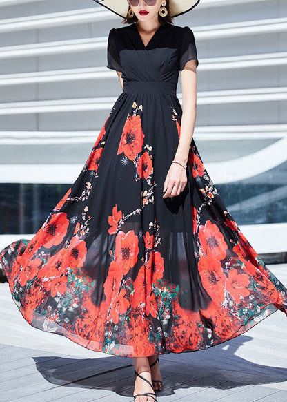 Black V Neck Print Wrinkled Chiffon Long Dresses Summer