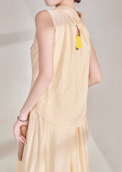 Chinese Style Light Yellow Turtleneck Top and Maxi Skirts Two Pieces Set Summer