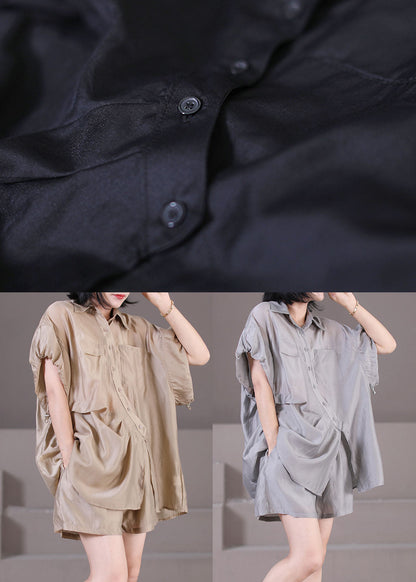 Khaki Silk Shirts and Shorts Two Piece Suit Set Drawstring Asymmetrical Button Summer