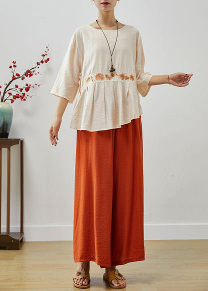 Apricot Embroideried Asymmetrical Cotton Two Pieces Set Fall