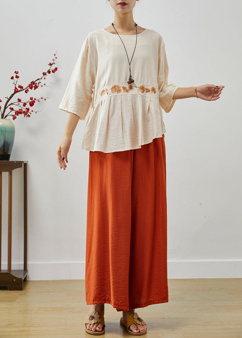 Apricot Embroideried Asymmetrical Cotton Two Pieces Set Fall