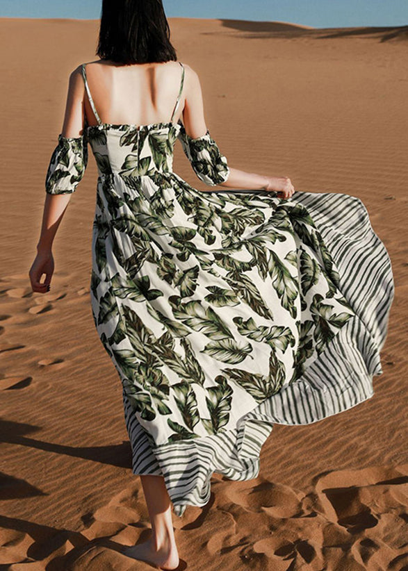 Green Print Lace Up Patchwork Cotton Spaghetti Strap Dress Summer