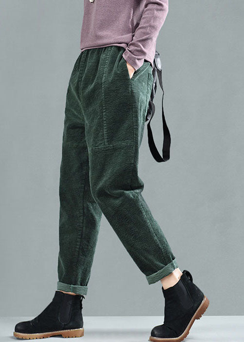 Green Elastic Waist Patchwork Corduroy Harem Pants Fall