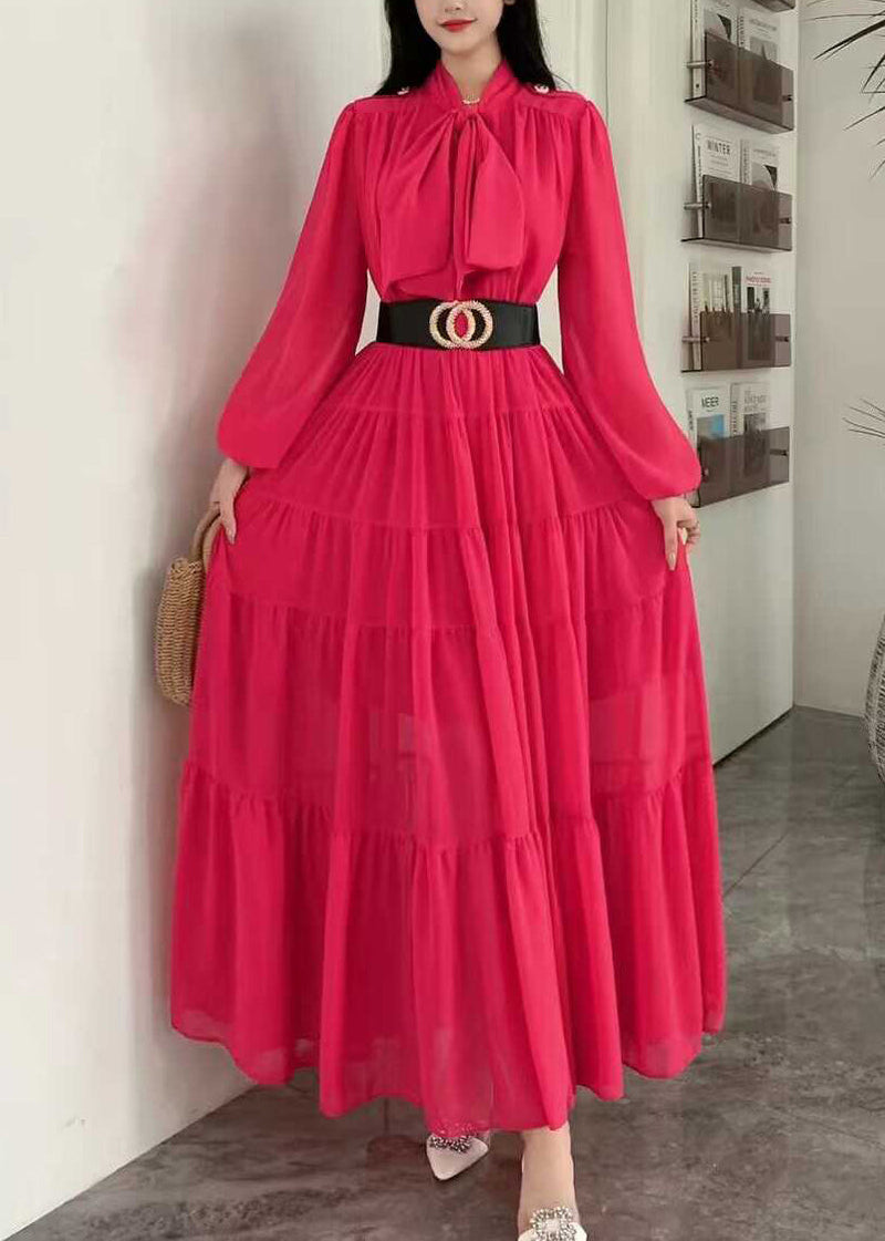 Purple Lace Up Wrinkled Patchwork Chiffon Dress Long Sleeve