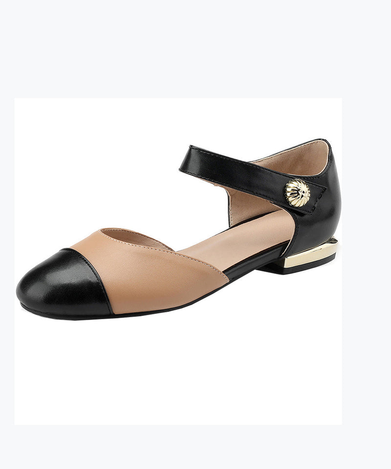 Faux Leather Flat Sandals Beige Splicing Buckle Strap