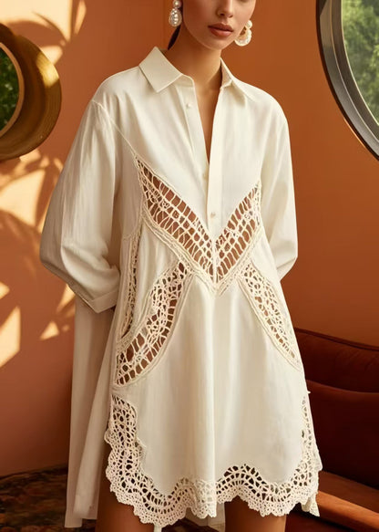 White Oversized Hollow Out Cotton Shirt Dress Spring