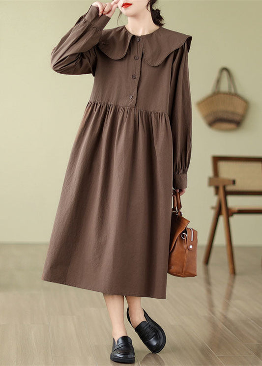 Coffee Wrinkled Button Long Dress Long Sleeve
