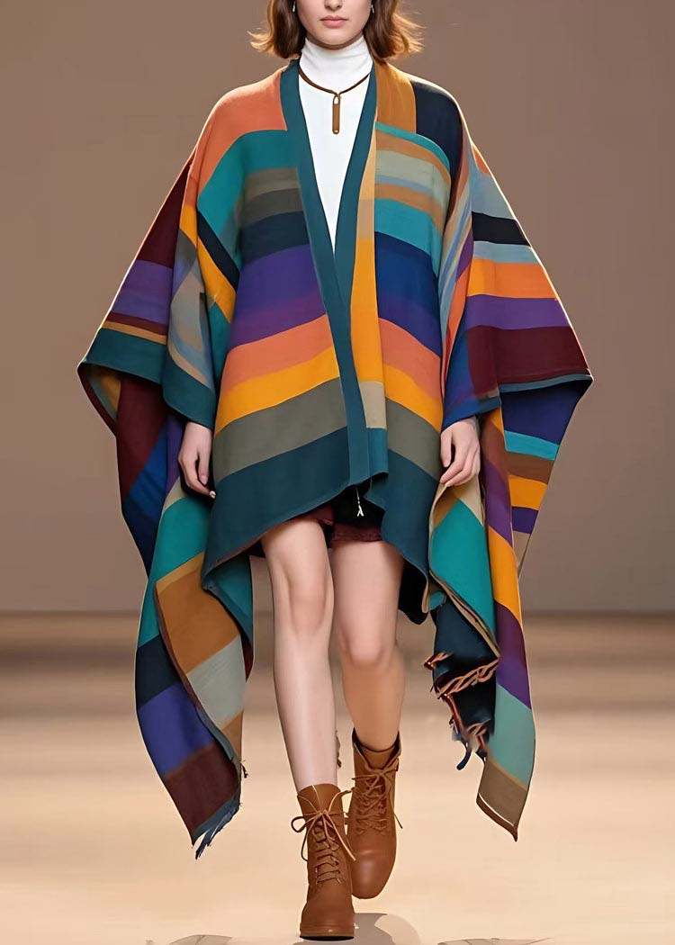 Unique Multicolor V Neck Striped Coats Woolen