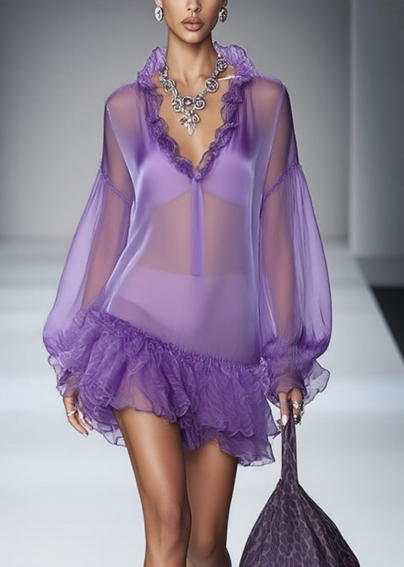 Purple Ruffled Tulle Mid Dress Spring