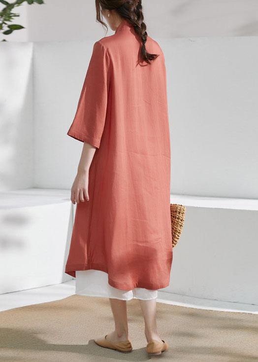 French Rust Embroideried Patchwork Button Summer Ramie Summer Dresses Half Sleeve