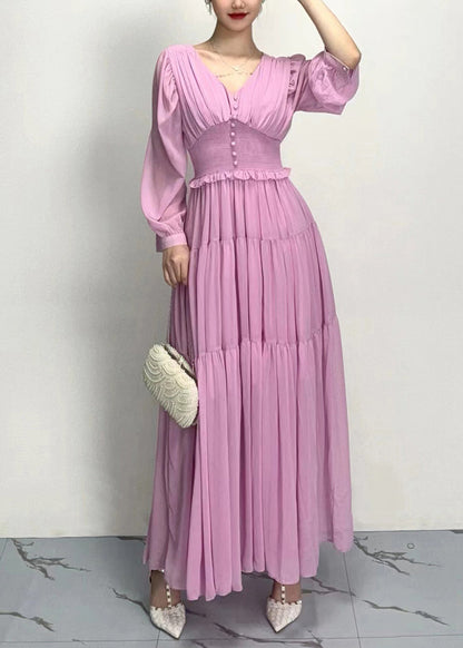Purple V Neck Wrinkled Patchwork Chiffon Dress Long Sleeve