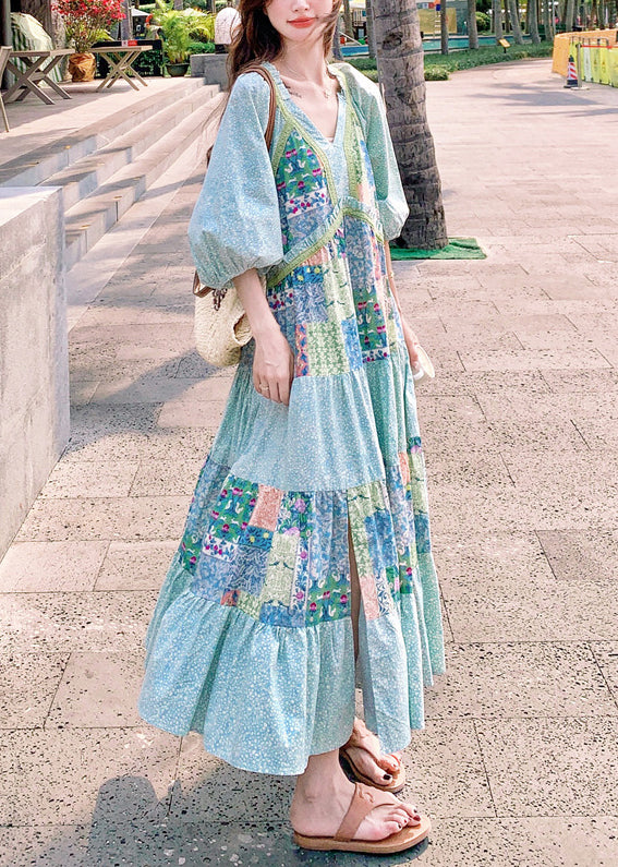 Blue Print Side Open Patchwork Cotton Maxi Dresses Half Sleeve