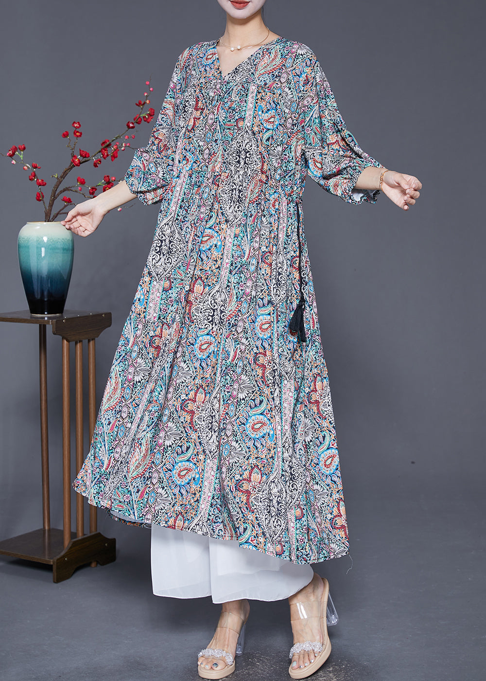 V Neck Drawstring Print Vacation Dress Lantern Sleeve