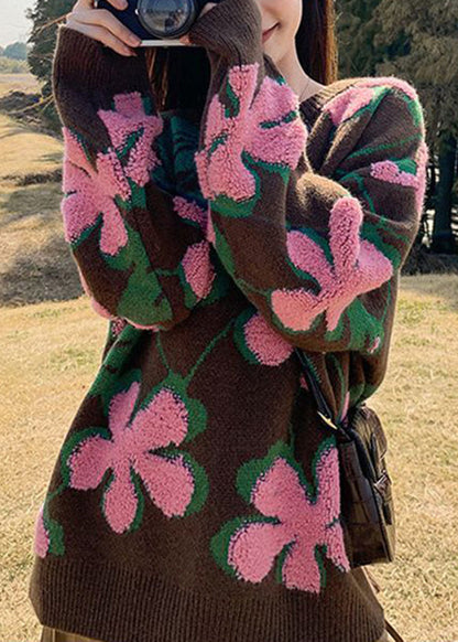 Loose Pink O Neck Thick Knit Sweater Spring