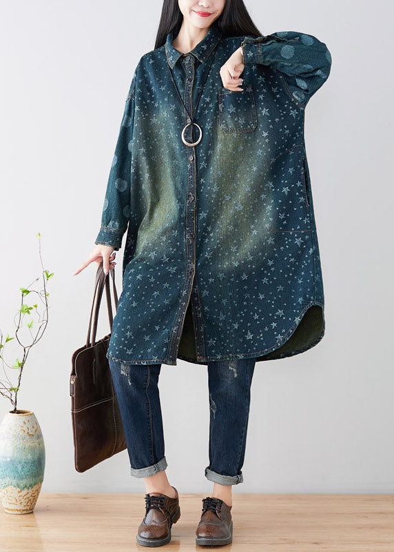 Navy Peter Pan Collar Oversized Print Cotton Trench Coats Spring