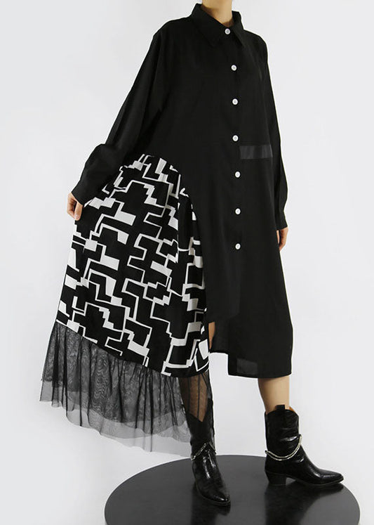 Loose Black Button Asymmetrical Design Peter Pan Collar Patchwork Shirt Dresses Spring