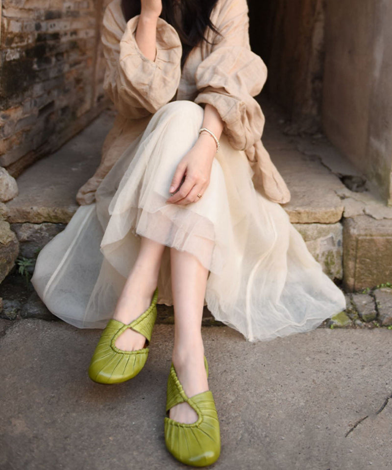 Hollow Out Splicing Chunky Flat Sandals Green Cowhide Leather