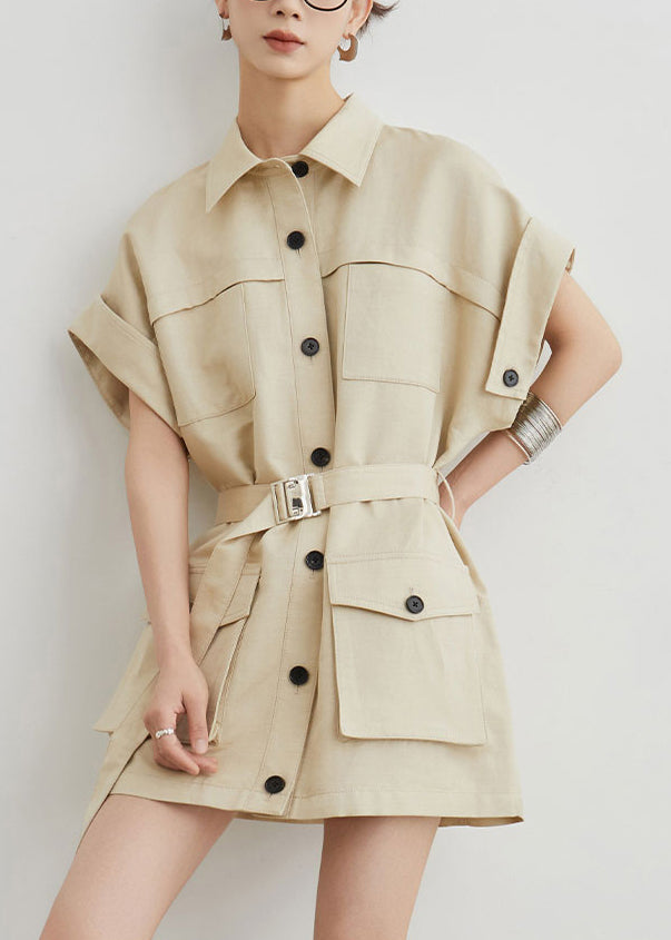 Khaki Peter Pan Collar Pockets Sashes Cotton T Shirts Dresses Summer
