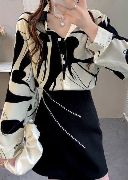 White Peter Pan Collar Print Button Chiffon Shirt Long Sleeve
