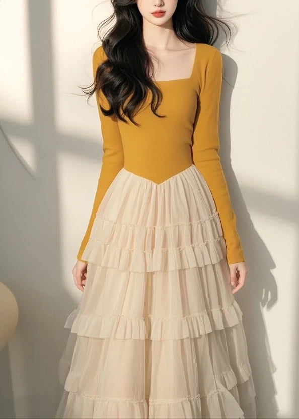 Italian Yellow Square Collar Tulle Patchwork Long Dress Spring