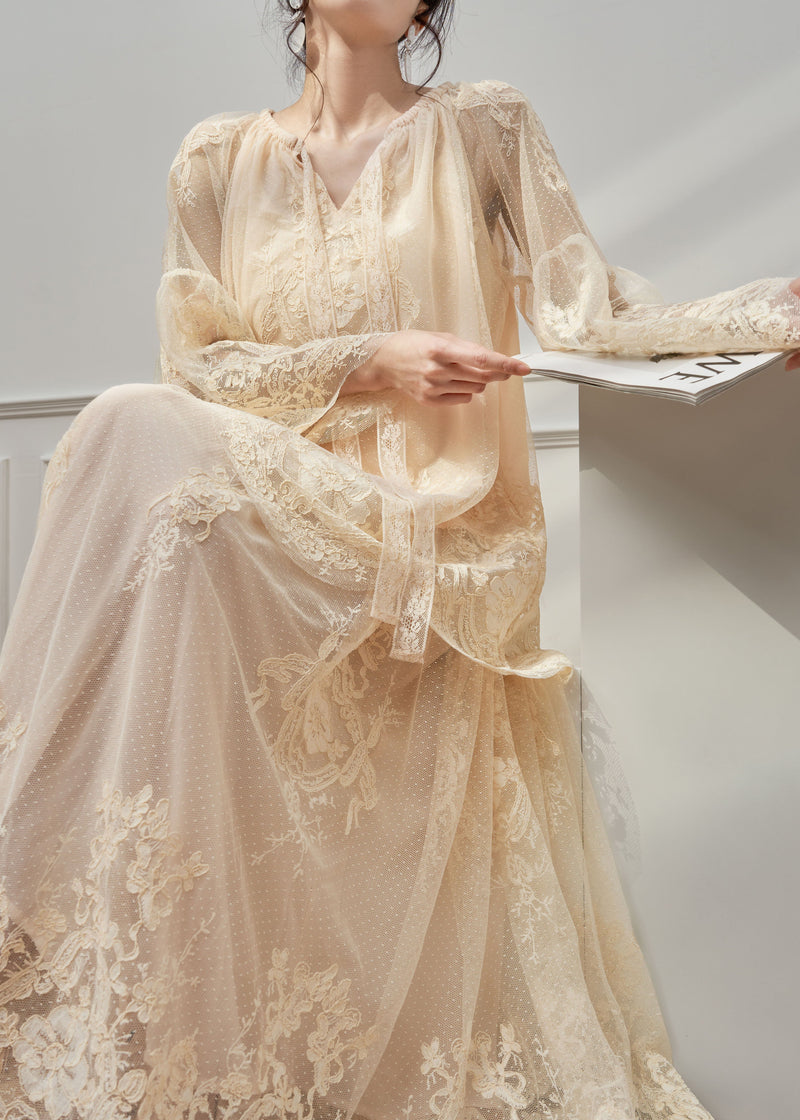 Boutique Apricot V Neck Lace Top and Skirts Set Spring