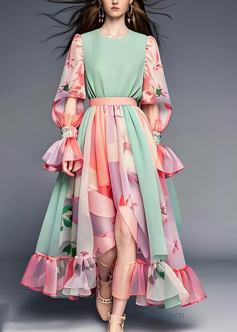 Colorblock Ruffled Print Patchwork Chiffon Dresses Long Sleeve