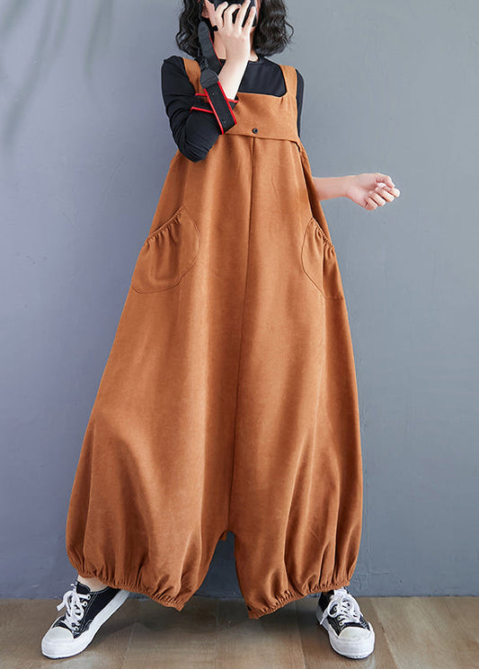 Unique Caramel Pockets High Waist Patchwork Corduroy Jumpsuit Fall