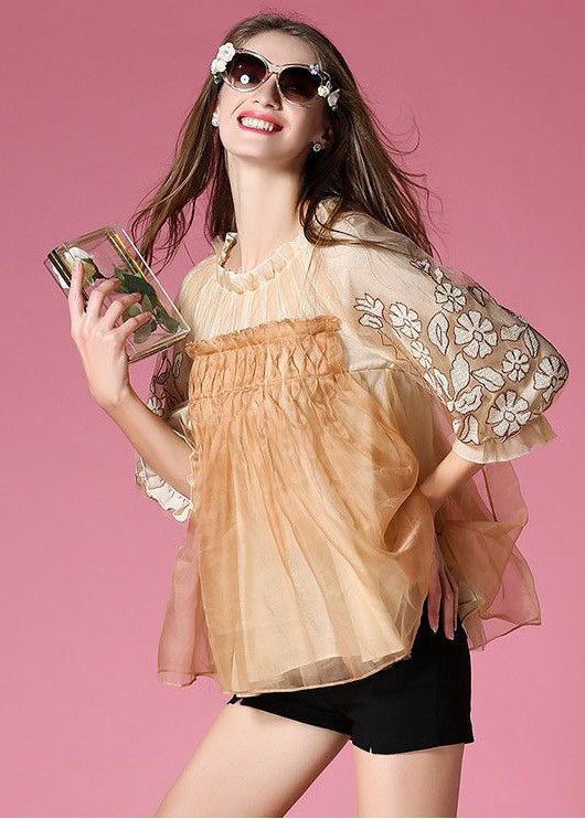 Yellow Embroidered Patchwork Tulle Shirt Top Spring