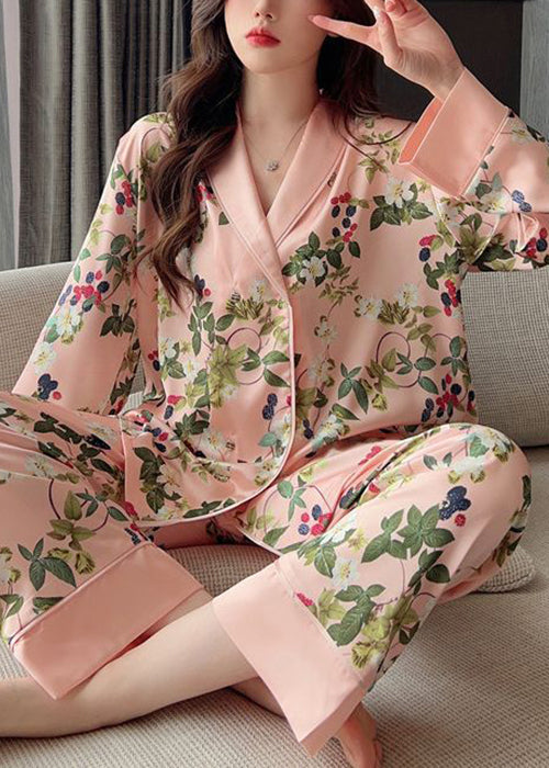 Pink Peter Pan Collar Print Ice Silk Pajamas Two Pieces Set Spring