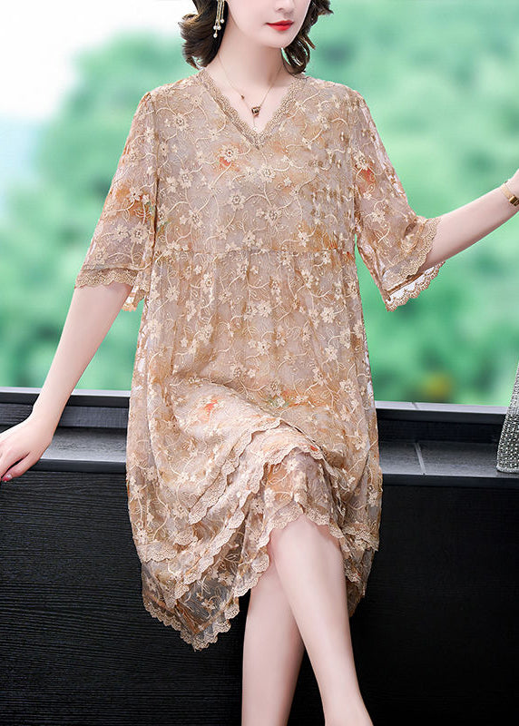 Apricot Embroideried Patchwork Lace a Line Dress Summer