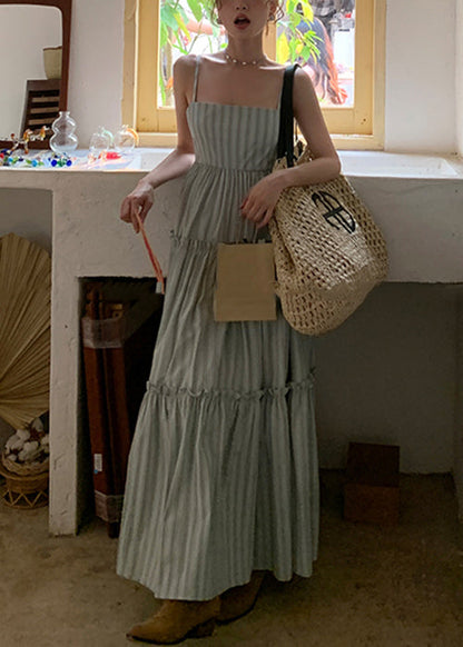 Striped Ruffled High Waist Cotton Spaghetti Strap Dress Sleeveless