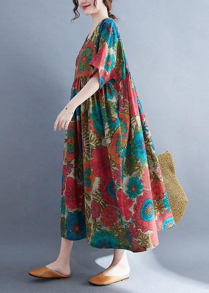 Red O-neck Cinched Print Linen Long Dress Short Sleeve