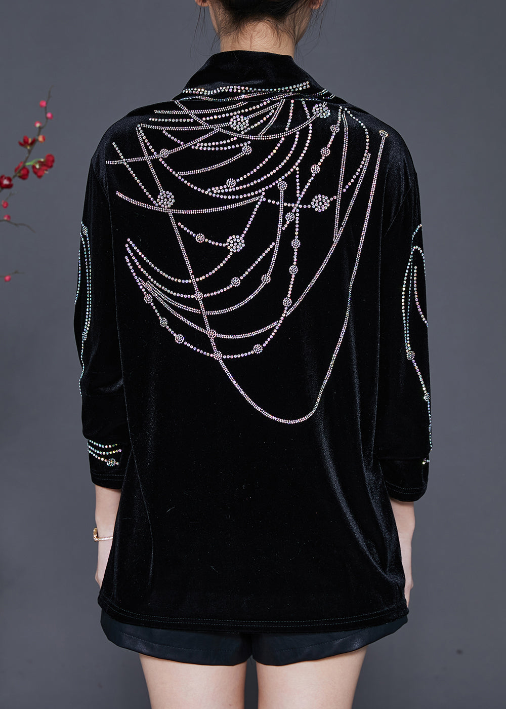 Diy Black Turtle Neck Zircon Silk Velour Shirts Spring