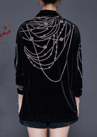 Diy Black Turtle Neck Zircon Silk Velour Shirts Spring
