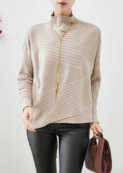 Beige High Neck Asymmetrical Knit Sweater Fall