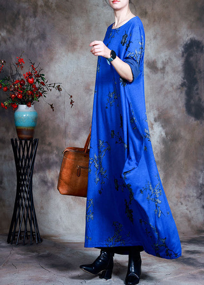 Blue O-neck Print Cotton Maxi Dress Spring