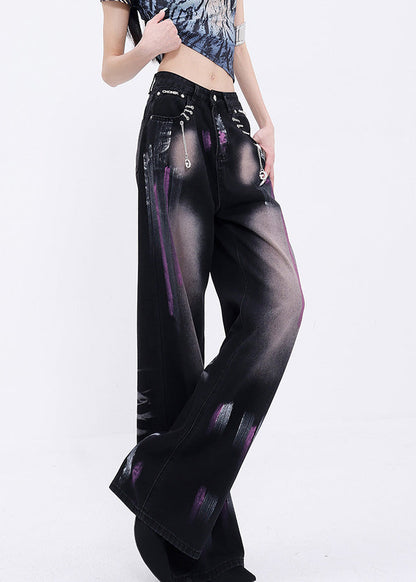 New Black Graffiti Pockets High Waist Denim Straight Pants Fall