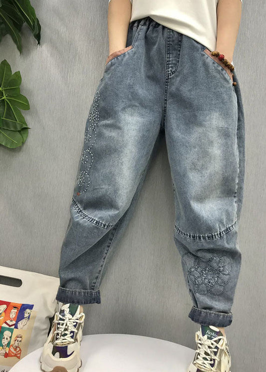 Natural Blue Embroideried Patchwork Denim Pants Spring