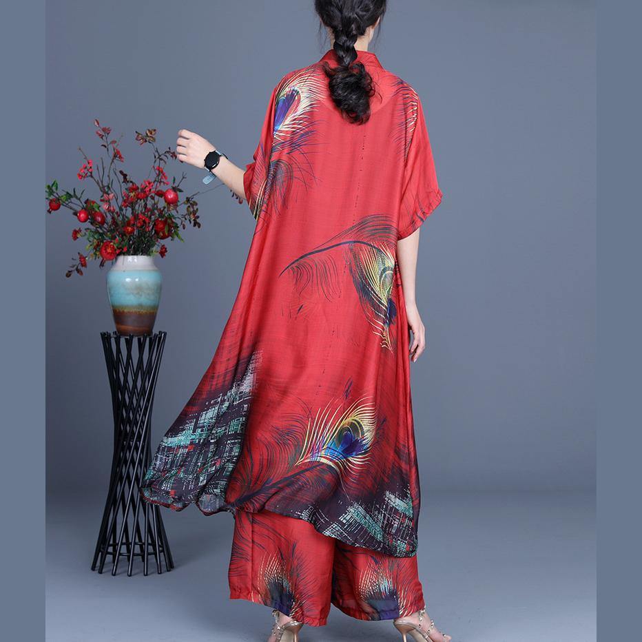 Summer Loose Silk Red Print Coat + Two Piece Pants