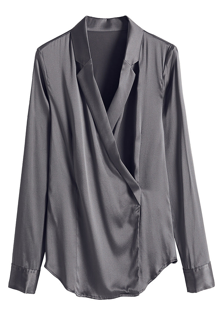 Slim Fit Grey V Neck Button Silk Shirt Long Sleeve