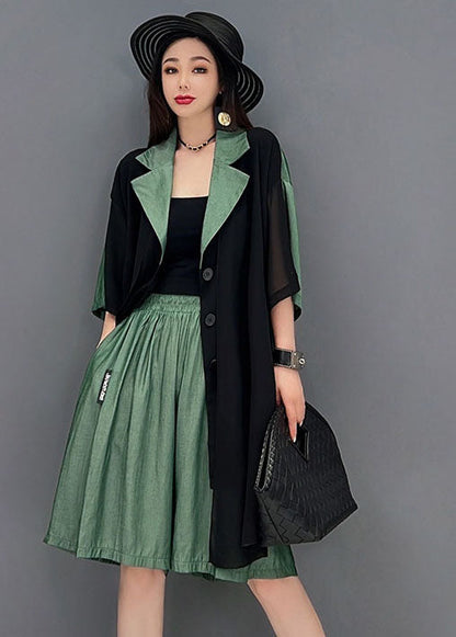 Black Blue Notched Collar Asymmetrical Patchwork Chiffon Two Pieces Set Summer