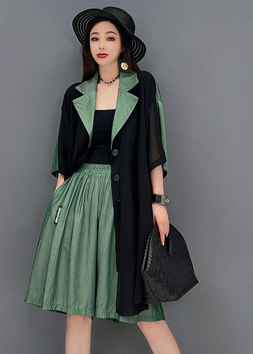 Black Blue Notched Collar Asymmetrical Patchwork Chiffon Two Pieces Set Summer