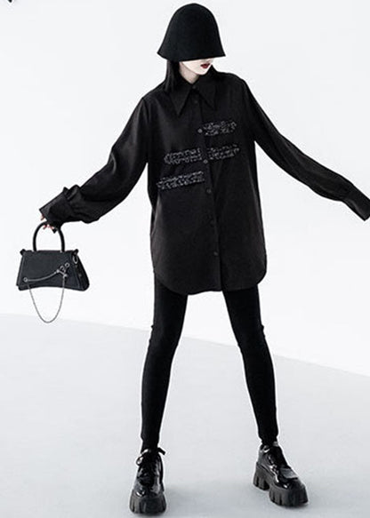 Black Peter Pan Collar Button Sequins Cotton Shirt Tops Long Sleeve