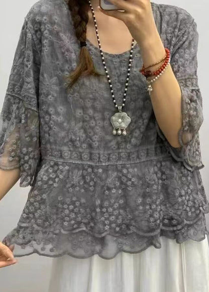 Purple O Neck Embroideried Lace Blouses Bracelet Sleeve