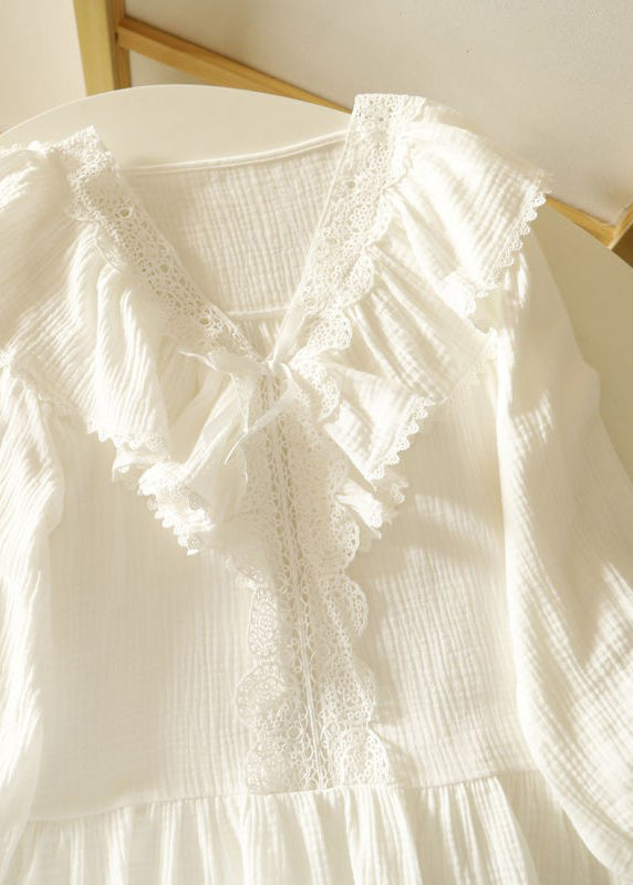 Art White Ruffled Patchwork Lace Cotton Pajamas Sets Spring