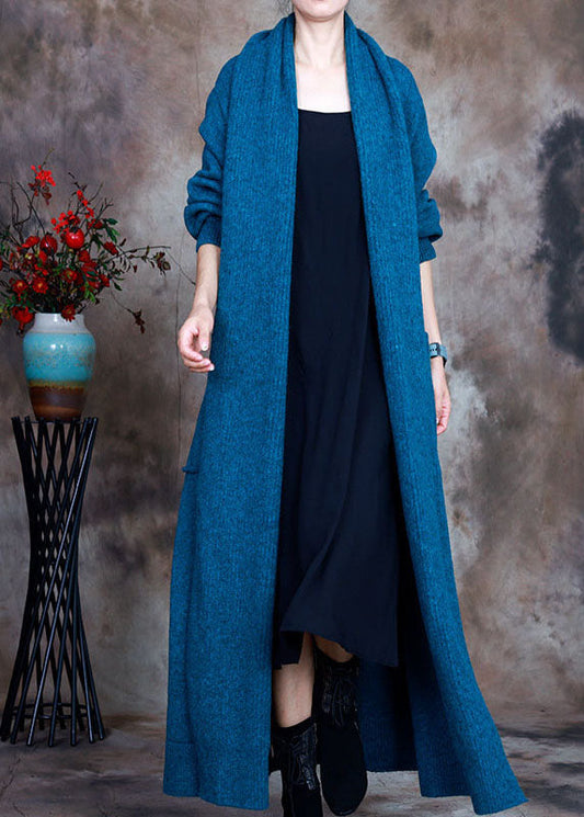 Blue V Neck Pockets Fall Knit Cardigan