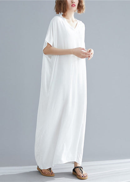Simple White V Neck Cotton Beach Long Dress Short Sleeve